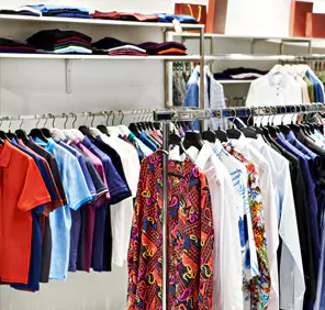 Clothes with different prints and patterns displayed on clothing racks - Expert personal stylist course - Mixing prints and patterns.
